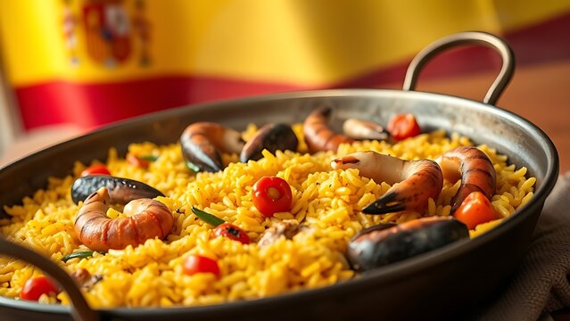 Copper pan showcasing vibrant paella with saffron rice, seafood, and peppers against terracotta hues.