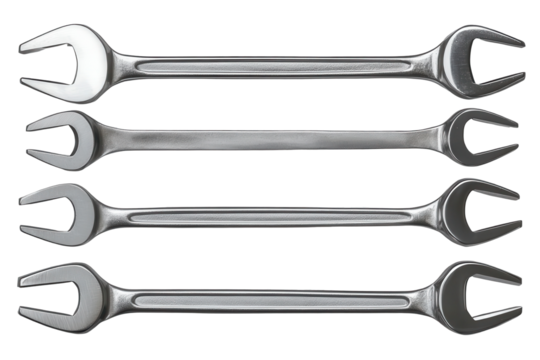 Set of various sized open-end wrenches arranged in a row, showcasing precision and design in metal crafting for automotive and mechanical applications
