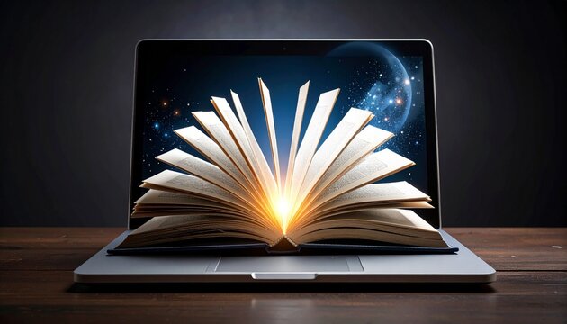 Tree growing from book on laptop screen with sky and light rays.
