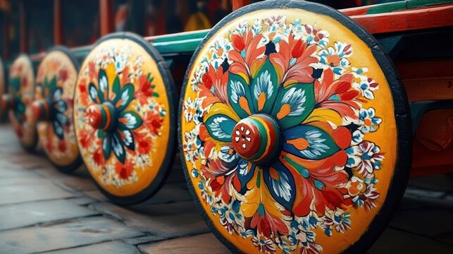 Colorful wooden wheels with intricate floral pattern carvings aligned on a traditional cart, evoking cultural craftsmanship and artistic heritage