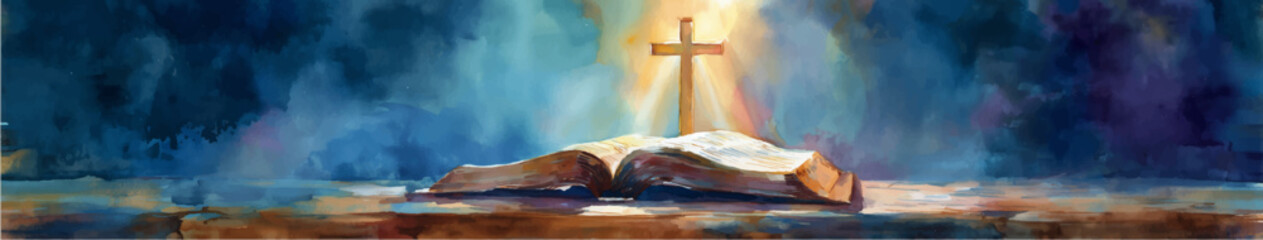 Vector illustration. Open holy bible with glowing cross in the middle. Watercolor painting