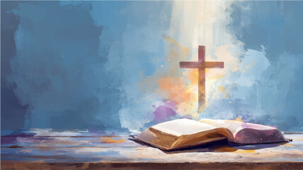 Vector illustration. Open holy bible with glowing cross in the middle. Watercolor painting