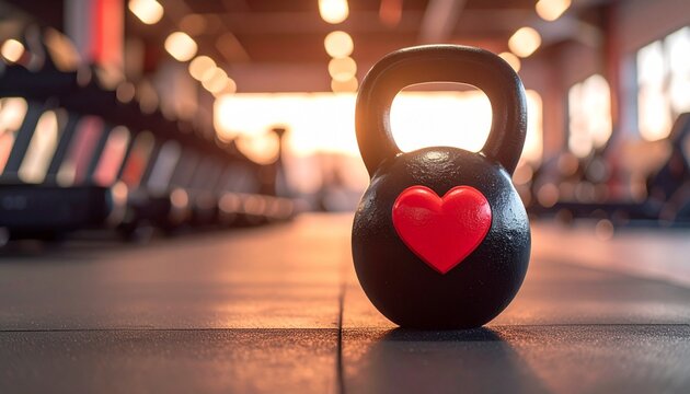 Black kettlebell with heart and ECG symbol on gym floor with equipment in background.