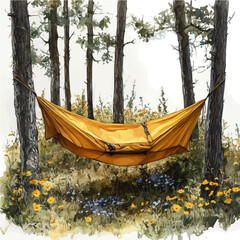 Hammock Hanging Between Trees, watercolor illustration vector, isolated on a white background.