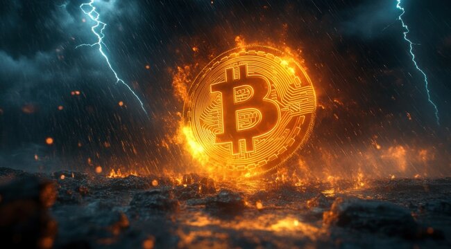 Glowing fiery golden coin with digital circuit design symbolizing cryptocurrency surrounded by rain and lightning in a dramatic stormy environment - Powered by Adobe