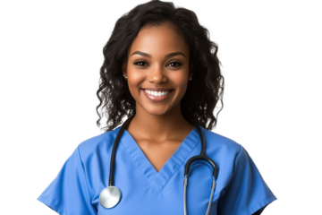 Smiling young female nurse in blue scrubs showcasing professionalism and care in a healthcare setting, embodying inspiration and compassion toward patients during work hours