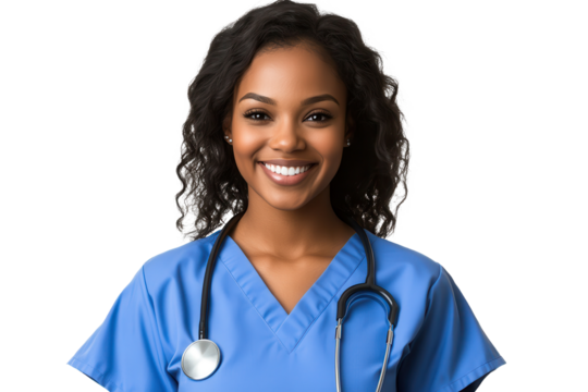 Smiling young female nurse in blue scrubs showcasing professionalism and care in a healthcare setting, embodying inspiration and compassion toward patients during work hours