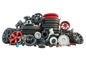 Colorful stack of assorted car parts in a well-lit environment showcasing a variety of wheels, tires, and mechanical components