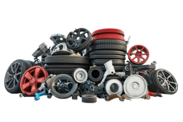 Colorful stack of assorted car parts in a well-lit environment showcasing a variety of wheels, tires, and mechanical components