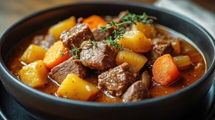 Close-up of a hearty beef stew with chunks of meat, potatoes, carrots, and herbs in a black bowl, evoking warmth and comfort