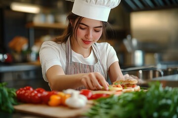 young female chef in a white hat and apron preparing fresh sandwiches with various colorful vegetables in a professional kitchen setting showing focus and contentment