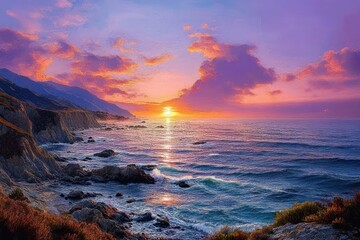 Vivid sunset over rocky coastline with glowing clouds and waves gently crashing against the shore