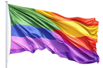 Colorful flag banner waving gently in the wind, symbolizing diversity and inclusion in a vibrant outdoor setting during a sunny day
