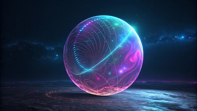 Abstract 3D holographic sphere with neon glow, futuristic tech aesthetic, floating in dark space