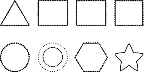 Collection of geometric shapes with decorative borders including a triangle squares circles hexagon and star