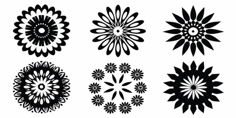 Collection of six black and white circular floral mandala designs and decorative elements