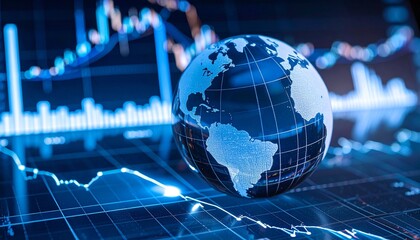 Glass globe on financial charts with pen, symbolizing global market analysis.