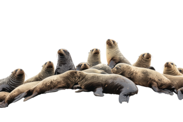 Seals resting on Duiker Island, a thriving colony basking in the sun, captured in stunning detail at gigapixel resolution under a clear sky