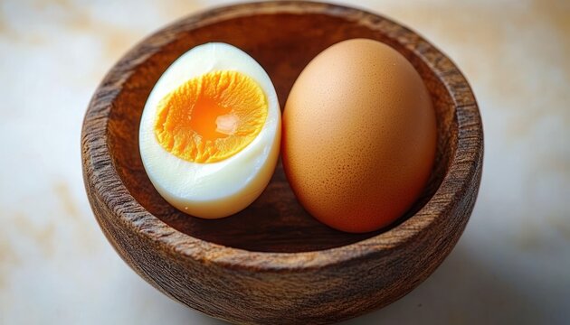 Whole brown egg and halved boiled egg showing bright yellow yolk in a rustic wooden bowl on a light surface