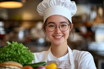 young female chef wearing glasses and white chef hat smiling in a kitchen with fresh vegetables on the table