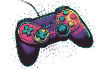 Colorful retro computer game controller designed with bold graphic art for vibrant gaming experiences