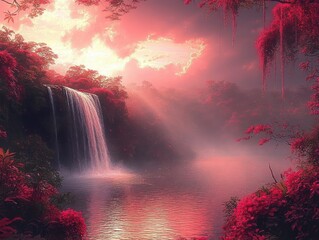 Serene waterfall cascading into a tranquil lake surrounded by vibrant red and pink foliage under a glowing sunset sky with soft light rays and misty atmosphere