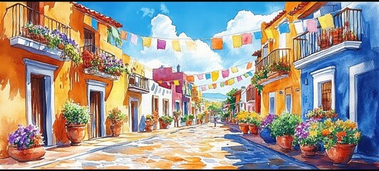 Obraz premium Colorful lively street with vibrant flower pots and hanging flags under a bright blue sky, featuring charming orange and blue buildings with balconies