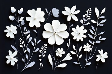 White paper flowers and leaves arranged artistically on a black background creating a delicate and elegant botanical composition