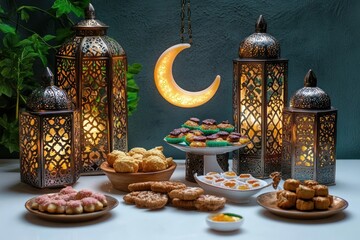 Naklejka premium Table with a variety of traditional festive sweets and pastries surrounded by ornate glowing lanterns with intricate patterns and a hanging crescent moon light creating a warm and cozy atmosphere