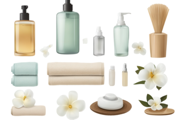 Relaxing spa essentials set featuring various bottles, towels, and decorative flowers arranged for a tranquil ambiance in an isolated setting