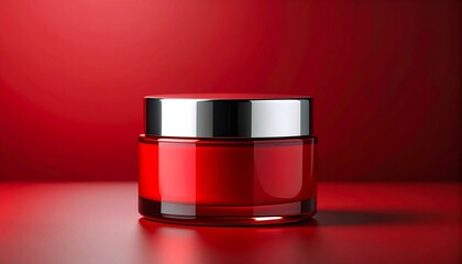 Red cosmetic jar with silver lid on red gradient background.