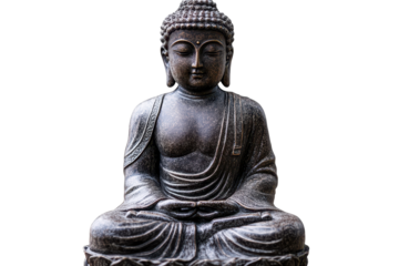 Buddha statue represents peace and tranquility in an isolated setting with a transparent background highlighting its intricate details and serene expression