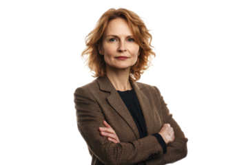 Confident business woman with crossed arms posing in a professional setting with a neutral background emphasizing her strong demeanor and leadership qualities
