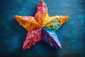 Colorful five-pointed star made of textured layered paper in a gradient rainbow pattern against a deep blue background, evoking creativity and vibrancy