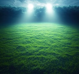 Fototapeta premium Evening foggy natural meadow illuminated by two bright spotlights with dense forest in background under moody sky