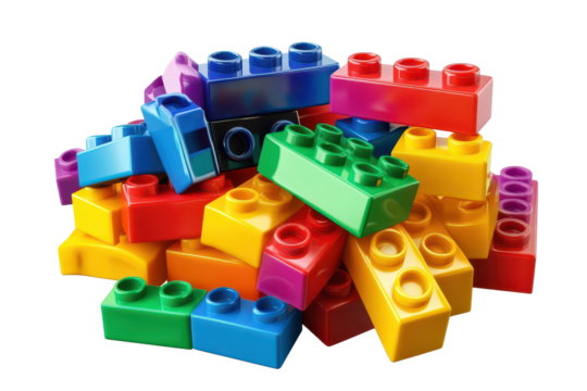 Colorful plastic building blocks arranged in a playful stack showcasing creativity and imagination in a vibrant assortment