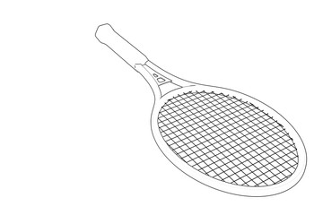 Detailed vector line art outline of a professional tennis or badminton racket, perfect for game and fitness graphic design elements, isolated equipment icon drawing sketch, sportswear, tournament,
