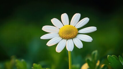 Obraz premium Close-up of a single white daisy flower with a bright yellow center standing against a blurred green natural background