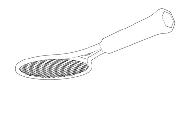 Detailed vector line art outline of a professional tennis or badminton racket, perfect for game and fitness graphic design elements, isolated equipment icon drawing sketch, sportswear, tournament,