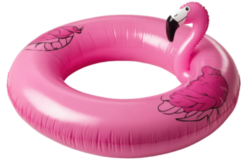 Bright pink flamingo inflatable buoy ring designed for summer fun at the pool or beach, perfect for relaxation and floating experiences