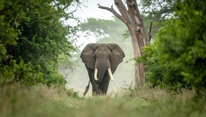 Elephant walking through dense bush toward the camera, tusks prominent amid misty trees on a savanna-like trail.