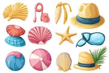 Colorful beach accessories featuring seashells, sunglasses, beach balls, and hats for summer fun and relaxation by the sea