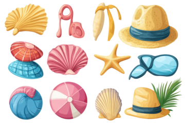 Colorful beach accessories featuring seashells, sunglasses, beach balls, and hats for summer fun and relaxation by the sea