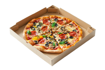 Delicious square pizza ready for sharing, featuring a variety of toppings in a clean, simple pizza box presentation