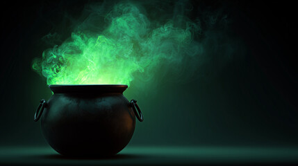 Witchs black cauldron glowing green smoke , Hallowen, vector style