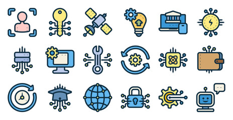 Digital technology icon set related to iot, ai, innovation, automation, vr, big data, metaverse, and others. vector illustration with lineal color style