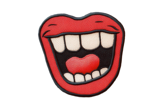Embroidered patch featuring a laughing mouth with a playful design, perfect for personalizing jackets and bags