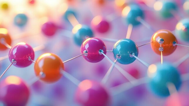 Close-up of colorful molecular structure model with interconnected spheres representing atoms and bonds in soft lighting