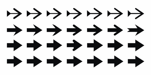 Collection of diverse black arrow icons pointing to the right on a white background