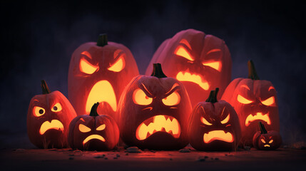 Pumpkin carved with multiple angry faces , scared Halloween, vector style